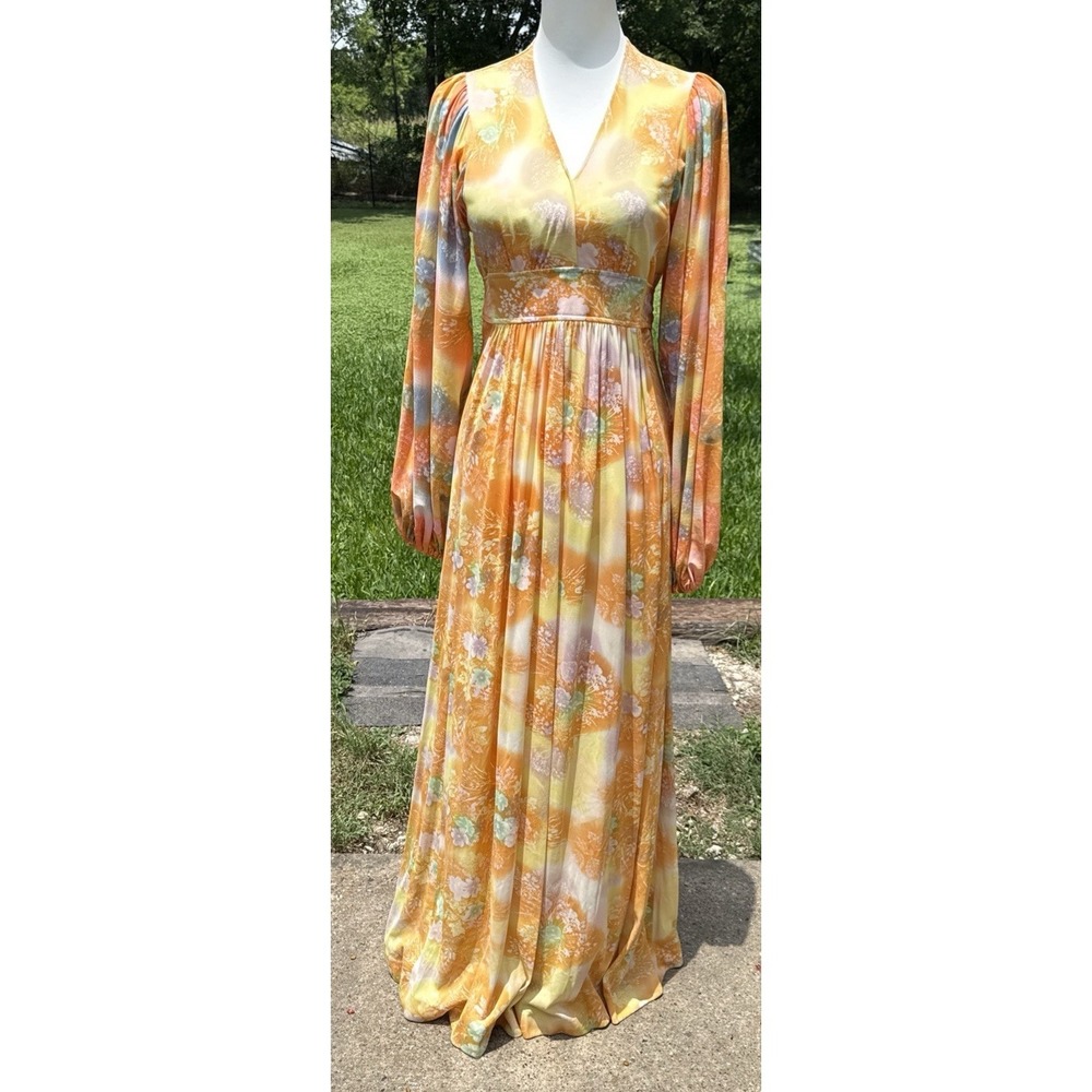 Vintage 70s Floral Maxi Dress Empire‎ Waist Open Back Tie Bishop Sleeve Boho 13